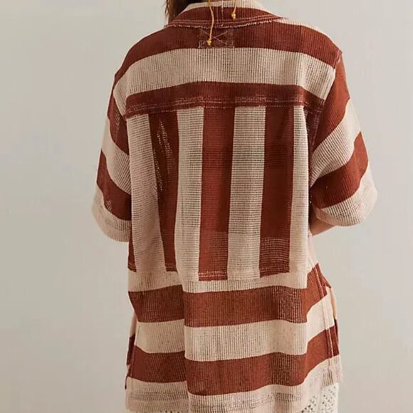 Free People We The Free Del Mar Cabana Shirt Brown Combo NEW SIZE MEDIUM - Picture 2 of 8